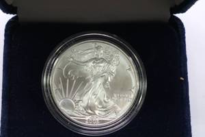 lot 62 image: 2003 American Eagle Silver Dollar 1 oz Proof 999 Fine Silver Bullion Coin wCase2003 American Eagle Silver Dollar 1 oz Proof 999 Fine Silver Bullion Coin wCase Ended