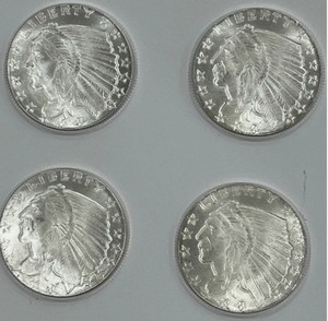 lot 90 image: 14 troy oz Golden State Mint Silver Round Incuse Indian .999 Fine Set of 4