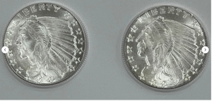 lot 91 image: 14 troy oz Golden State Mint Silver Round Incuse Indian .999 Fine Set of 2