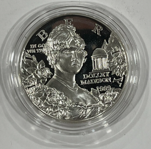lot 101 image: 1999 Dolly Madison silver dollar commemorative coin wCOA
