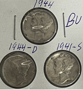 lot 111 image: Set of 3-1941 and 1944 Mercury Dime-PDS
