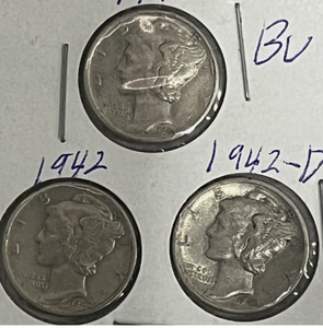 lot 113 image: Set of 3 coins 1942-1944 Mercury 10c Silver Dime VF Circulated