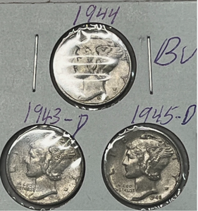 lot 114 image: Set of three Mercury Dimes circulated 90% Silver 1943 1944 1945
