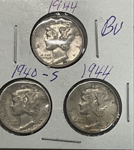 lot 115 image: Set of three Mercury Dimes circulated 90% Silver-1940-1944 (2)