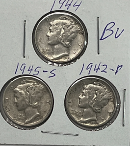 lot 117 image: Set of 3 coins - 1942, 1944, 1945 Mercury 10c Silver Dime Circulated