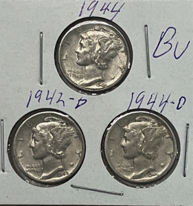 lot 118 image: Set of Three Mercury Dime 10C Silver Circulated Business Strike US Coin-1942-44Set of Three Mercury Dime 10C Silver Circulated Business Strike US Coin-1942-44 Ended