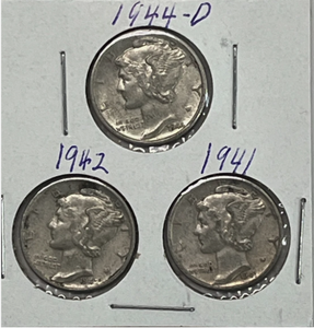 lot 120 image: 1941 1942 1944 Set of (3) Mercury Dimes 90% Silver