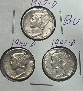 lot 121 image: Set of 3 coins 10c Silver Dime Circulated-1942-1944-1945