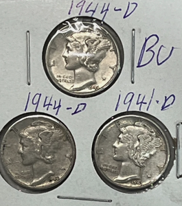 lot 122 image: Set of 3 coins Mercury 10c Silver Dimes Circulated-1941-1944 (2)