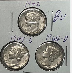 lot 123 image: Mercury Set of 3 coins 10c Silver Dime Circulated-1942-44-45