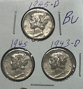 lot 124 image: Set of 3 US Silver Mercury Dimes-1943-1945 (2)