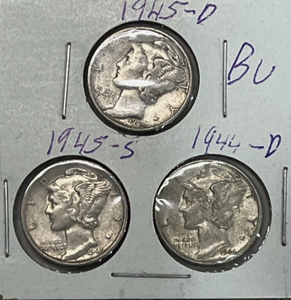 lot 125 image: Set of US 3 Silver Mercury Dimes-1944-1945 (2)Set of US 3 Silver Mercury Dimes-1944-1945 (2)