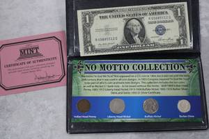 lot 347 image: No Motto Collection Silver Certificate Indian Penny V Nickel Barber Buffalo