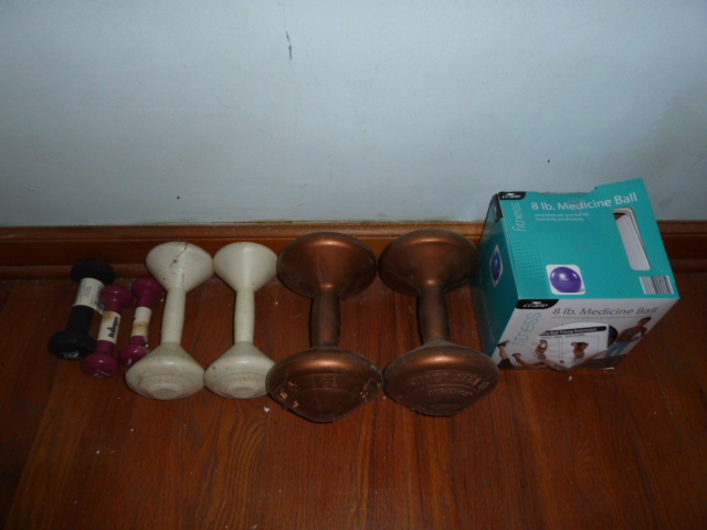 lot 64 image: DUMBELLS & MEDICINE BALL