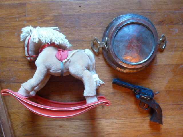 lot 338 image: VINTAGE ROCKING HORSE, CAP GUN, AND METAL PAN