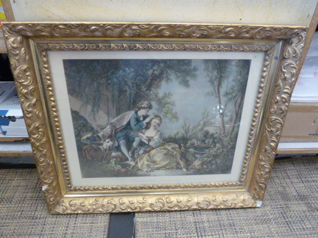 lot 241 image: ANTIQUE FRAMED ART...GOLD FRAME...couple knicks in the frame see pics