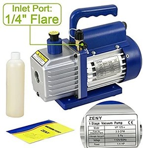 lot 3390 image: ZENY 3,5CFM Single-Stage 5 Pa Rotary Vane Economy Vacuum Pump 3 CFM 14HP Air Conditioner Refrigerant HVAC Air Tool R410a 14 Flare Inlet Port, Blue. box oily