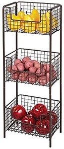 lot 3407 image: mDesign 3 Tier Vertical Standing Kitchen Pantry Food Shelving Unit - Decorative Metal Storage Organizer Tower Rack with 3 Basket Bins to Hold and Organize Fruit, Potatoes, Snacks