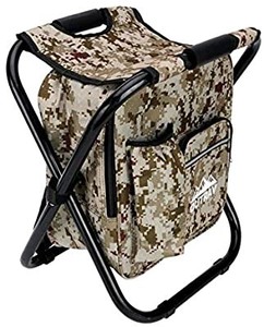 lot 3414 image: Camo Backpack Cooler and Stool - Collapsible Folding Camping Chair and Insulated Cooler Bag with Zippered Front Pocket and Bottle Pocket �� for Hiking, Beach and More   frame appears bent. backpack still work s