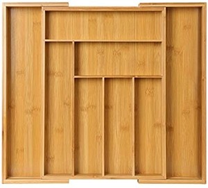 lot 3435 image: Bamboo Expandable Drawer Organizer for Utensils Holder, Adjustable Cutlery Tray, Wood Drawer Dividers Organizer for Silverware, Flatware, Knives in Kitchen, Bedroom, Living Room by Pipishell