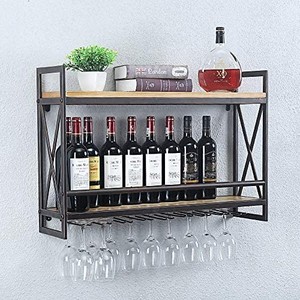 lot 3450 image: Industrial Wine Racks Wall Mounted with 8 Stem Glass Holder,31.5in Rustic Metal Hanging Wine Holder Wine Accessories,2-Tiers Wall Mount Bottle Holder Glass Rack,Wood Shelves Wall Shelf(Bronze