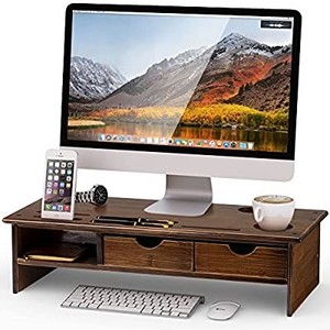 lot 3471 image: Tribesigns Monitor Stand Riser with Storage Organizer Drawers Bamboo��Retro Brown