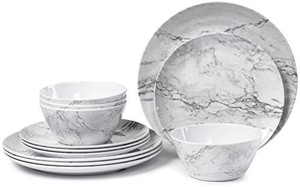 lot 3481 image: Melamine Dinnerware Set for 4-12 Piece Dinner Dishes Set for Camping Use, Lightweight Unbreakable and Dishwasher Safe not for microwave  stone color