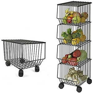 lot 3482 image: 4-Tier Metal Wire Basket with Wheels and Cover, Stackable Rolling Fruit Basket Utility Rack, Storage Organizer Bin for Kitchen, Pantry Closet, Bedroom, Bathroom