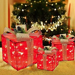 lot 3495 image: Funpeny Set of 3 Christmas Lighted Gift Boxes, 60 LED Red Christmas Box Decrations, Presents Boxes with Gold Bows for Christams Tree, Yard, Home, Indoor Outdoor Christams Decorations