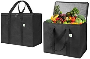 lot 3512 image: 2 Pack Insulated Reusable Grocery Bag by VENO, Durable, Heavy Duty, Large Size, Stands Upright, Collapsible, Sturdy Zipper, Made by Recycled Material, Eco-Friendly (BLACK, 2