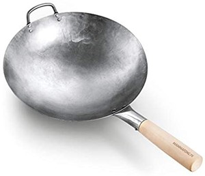 lot 3520 image: Round Bottom 14-inch Traditional Carbon Steel Wok Pan - Authentic Hand Hammered Woks and Stir Fry Pans - Pow Wok with no chemical coating by Mammafong