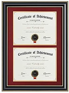 lot 3626 image: Double DocumentPhoto Wood Frame-Made for Certificates&Diploma for Two 8.5x11 Inch with Mat and 13.5x20 Inch Without Mat for Documents Certificates (Double Mat, RED Mat with Golden Rim