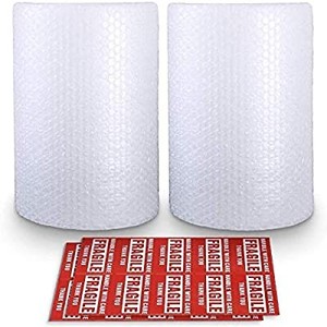 lot 3640 image: 2-Pack Bubble Cushioning Wrap Rolls, 316 Air Bubble, 12 Inch x 72 Feet Total, Perforated Every 12, 20 Fragile Stickers Included
