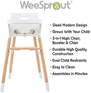 lot 37297 image: WeeSprout Wooden High Chair for Babies & Toddlers  3-in-1 High ChairBoosterChair  Grows with Your Child  Adjustable FootrestLegs  Removable TrayArmrest  Modern Wood Design