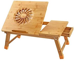 lot 37301 image: Laptop Desk Nnewvante Adjustable Laptop Desk Table 100% Bamboo with USB Fan Foldable Breakfast Serving Bed Tray w Drawer Leg Cover