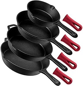 lot 37329 image: Pre-Seasoned Cast Iron Skillet 4-Piece Chef Set (6-Inch 8-Inch 10-Inch 12-Inch) Oven Safe Cookware - 4 Heat-Resistant Holders - Indoor and Outdoor Use - Grill, Stovetop, Induction Safe