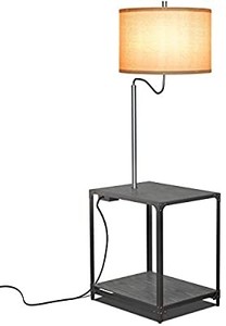 lot 37371 image: LED Floor Lamp with End Table and USB Charging Port, Modern Bedside Nightstand Lighting, Attached Side Table with Shelves for Living Room, Bedroom, Guest Room, Dark Grey