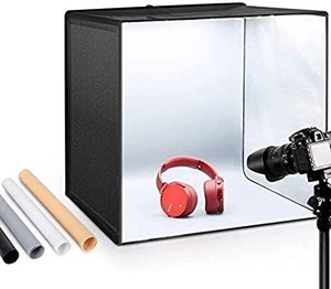 lot 37399 image: ESDDI Photo Studio Light Box 2050cm Adjustable Brightness Portable Folding Hook & Loop Professional Booth Table Top Photography Lighting Kit 120 Led Lights 4 Colors Backdrops