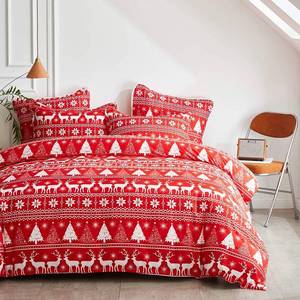 lot 37413 image: Uozzi Bedding Christmas Red Comforter Set King Size with Red White Snowflake and Deers Christmas Trees Holiday Style Reversible Down Alternative 800 TC Duvet for New Year Gift Choice