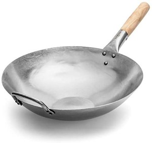 lot 37465 image: Carbon Steel Wok Authentic Hand Hammered 14 inch Flat Bottom by Gold Tulip - Wooden and Helper Handle Sturdy - Not Too Heavy - Suitable for Gas Stove Ideal to Cook Traditional Chinese Stir Fry Dishes