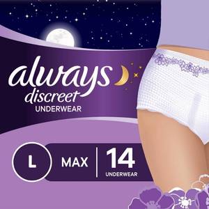 lot 37470 image: Always Discreet Incontinence & Postpartum Incontinence Underwear for Women - Overnight Maximum Plus - Large - 14ct