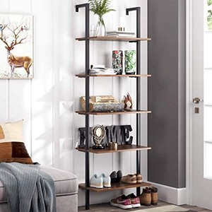 lot 37476 image: HOMFA 5-Tier Industrial Ladder Shelf Against The Wall, 72.6 Inches Display Storage Rack Plant Flower Stand Utility Organizer Bookshelf Wood Look Accent Metal Frame Furniture Home Office