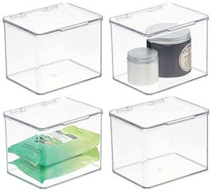 lot 37494 image: mDesign Stackable Plastic Storage Bin Box with Hinged Lid Organizer for Vitamins, Supplements, Serums, Essential Oils, Medicine Pill Bottles, Adhesive Bandages, First Aid Supplies - 4 Pack - Clear