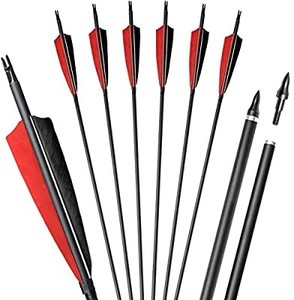 lot 50438 image: GUU 31 inch Feather Carbon Arrows 5 Feather Fletched with Replacement Screw-in Broadheads Archery Hunting
