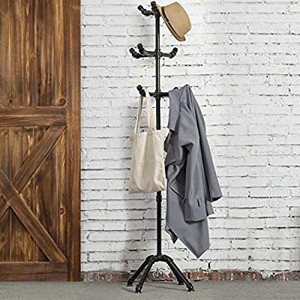 lot 50450 image: MyGift 65-Inch Industrial-Theme Black Metal Pipe 10-Hook Coat Stand
