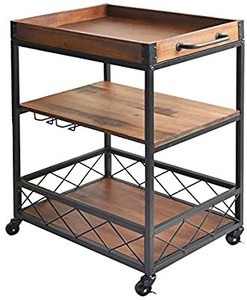 lot 50452 image: charaHOME Solid Wood Kitchen Serving Carts Rolling Bar Cart with 3 Tier Storage Shelves Kitchen Island Cart with Wine Glass Holder