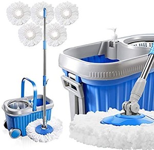 lot 50479 image: Masthome Spin Mop and Bucket System with Wheels & 5 Microfiber Mop Heads 8L Stainless Steel Mop Bucket