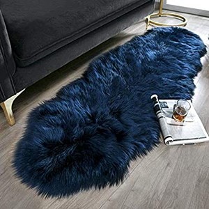 lot 50528 image: Soft Faux Sheepskin Fur Chair Couch Cover Navy Blue Area Rug