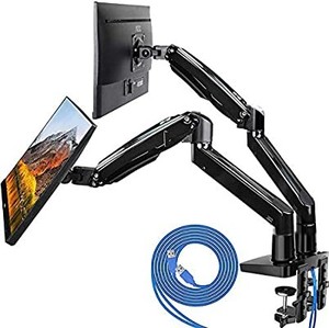 lot 50536 image: HUANUO Dual Monitor Mount Stand - Long Double Arm Gas Spring Monitor Desk Mount for 2 Screens 22 to 35 Inch Height Adjustable VESA Bracket with Clamp
