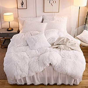 lot 50538 image: LIFEREVO Luxury Plush Shaggy Duvet Cover Set (1 Faux Fur Duvet Cover  2 Pompoms Fringe Pillow Shams) Solid, Zipper Closure